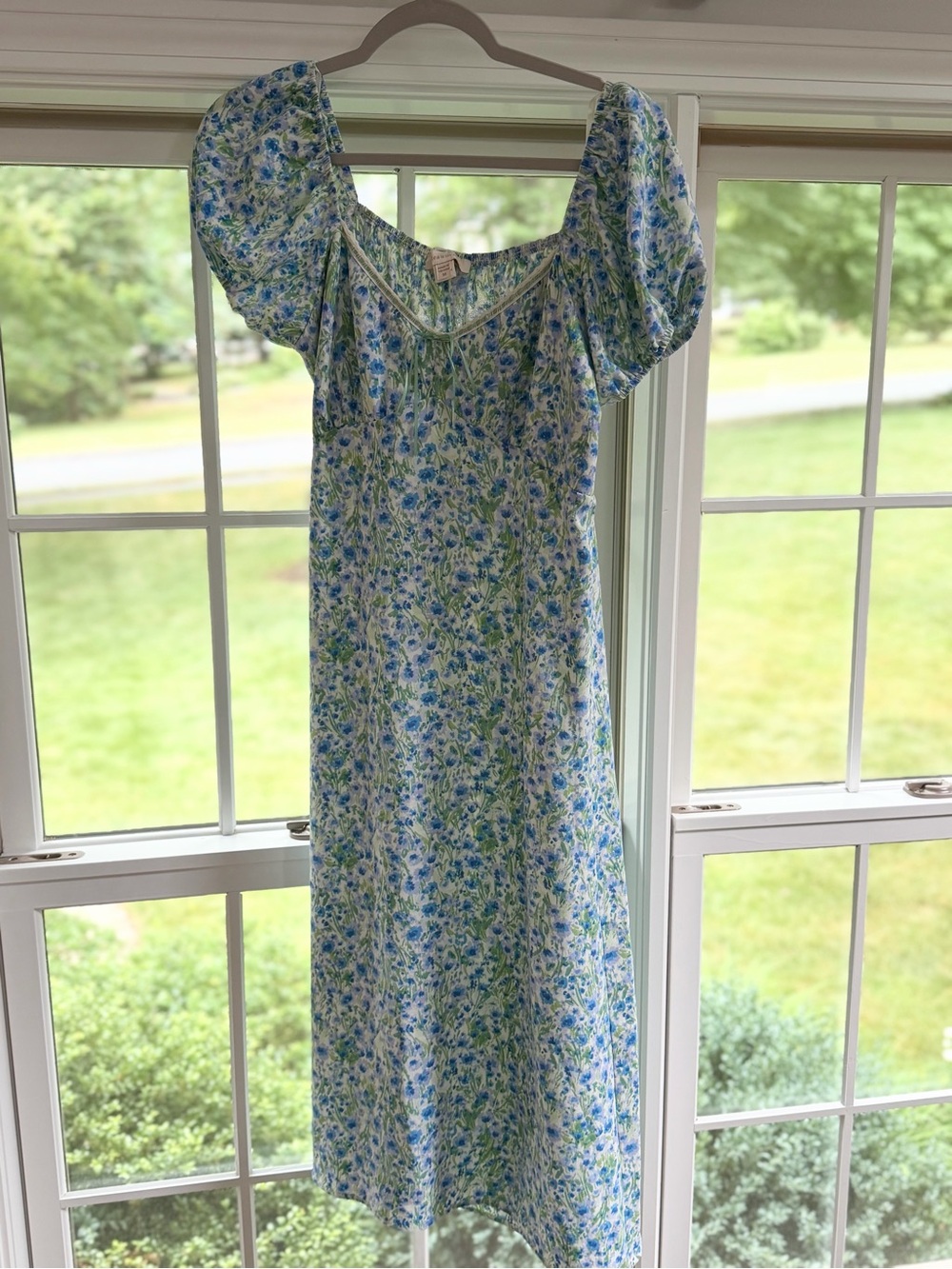 Nouveau Luxe Blue & Green Floral Puff Sleeve Cottagecore Midi Dress size M